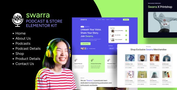 Swarra – Podcast Streaming & Merchandise Store Template Kit Swarra – Podcast Streaming & Merchandise Store Template Kit
