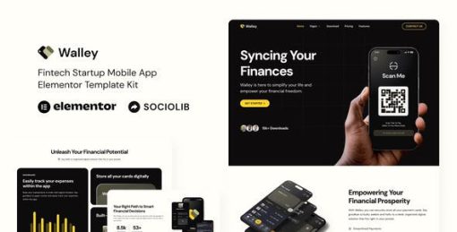 Walley – Fintech Startup Mobile App Elementor Template Kit