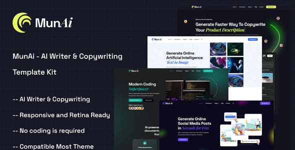 MunAi – AI Writer & Copywriting App Elementor Template Kit MunAi – AI Writer & Copywriting App Elementor Template Kit